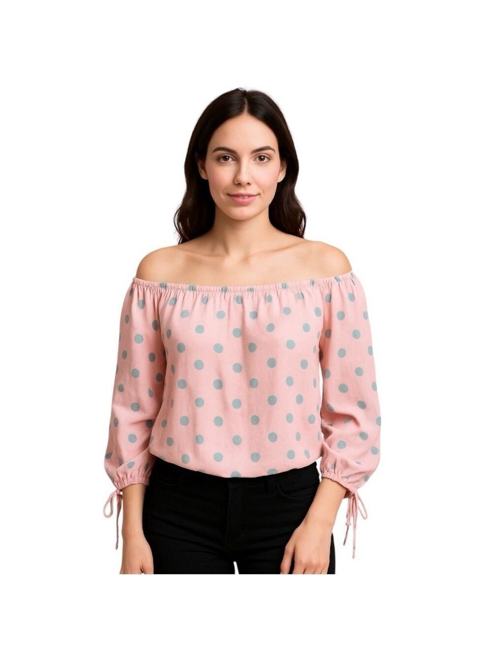 Do+be crop puff sleeves blouse top pink green polka dot Sz M